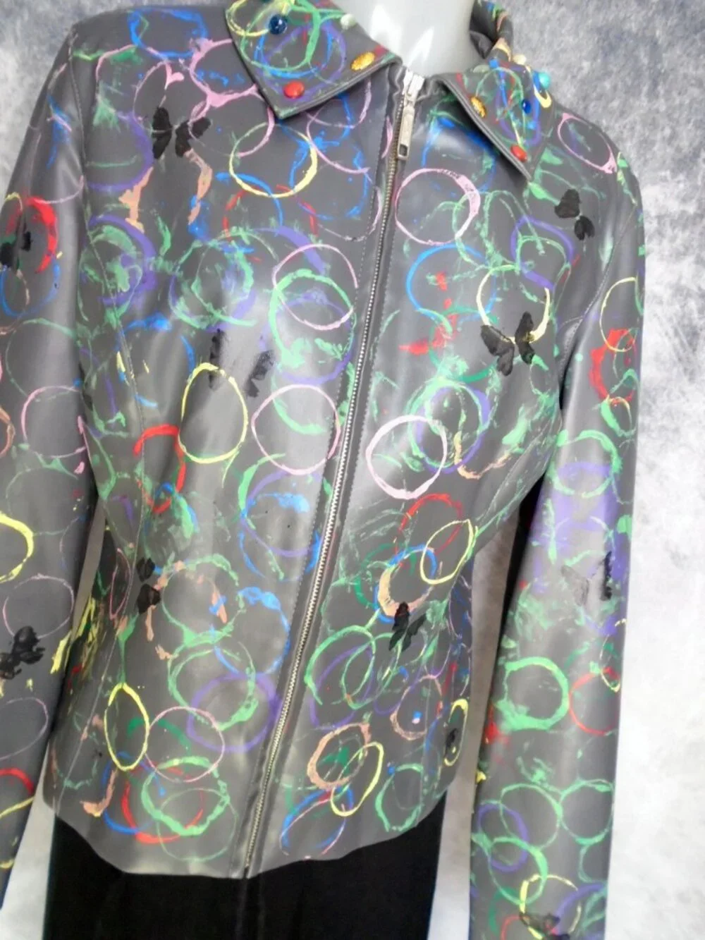 Vegan Leather Jacket with Eclectic Multicolor  Art Hobo Chic Edgy OOAK Unique - Picture 2 of 13